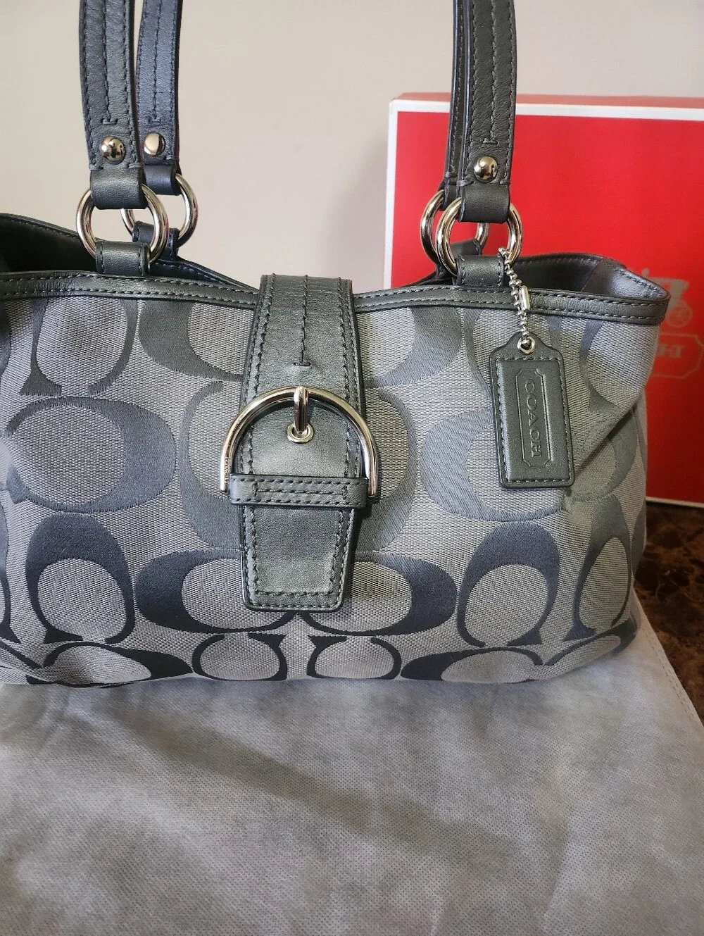 Coach Gray Signature Canvas Shoulder Bag with Leather Trim EUC - Picture 10 of 14